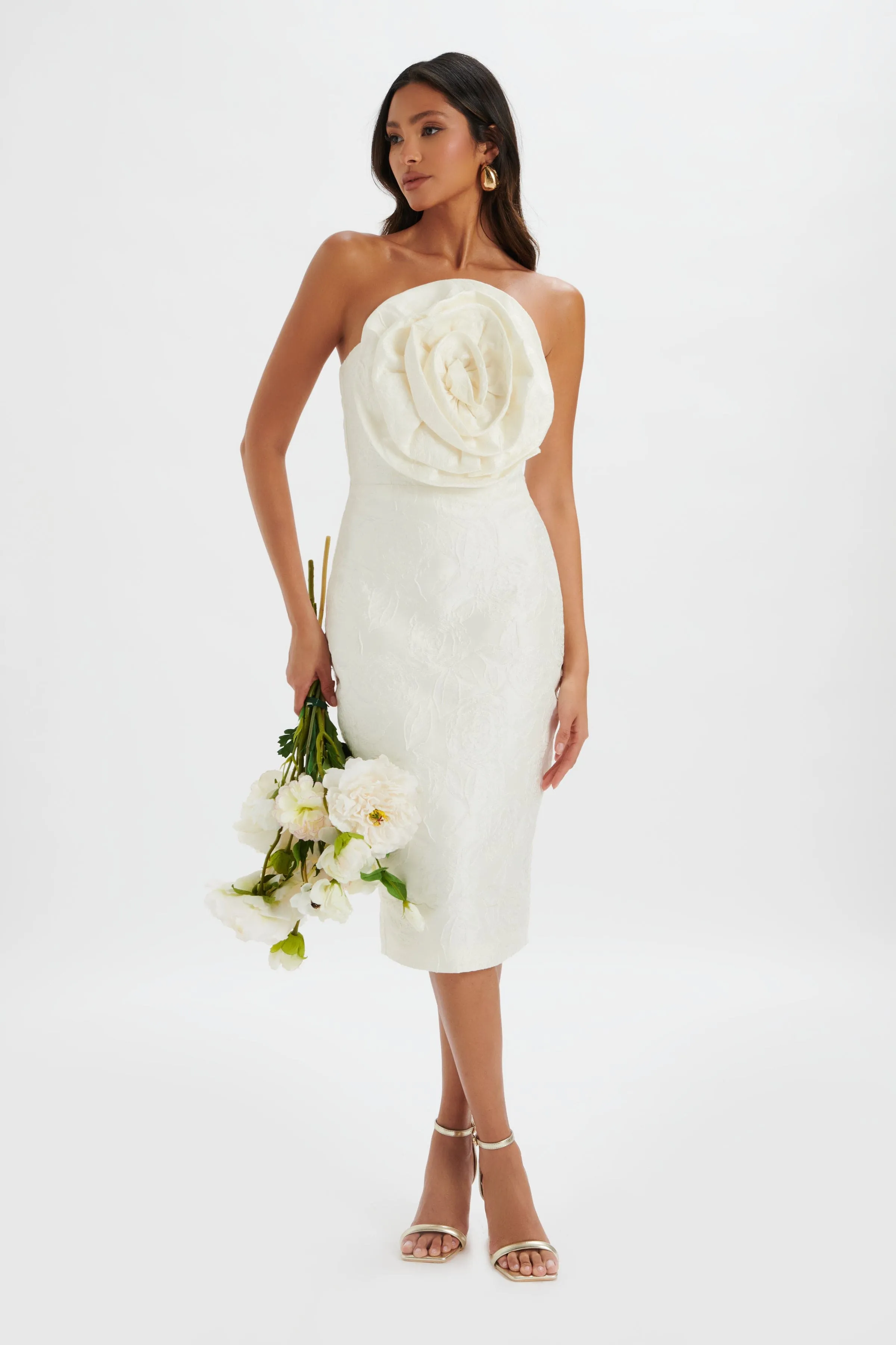MONTANA 3D Flower Bandeau Midi Dress in White Jacquard sold by Lavish Alice