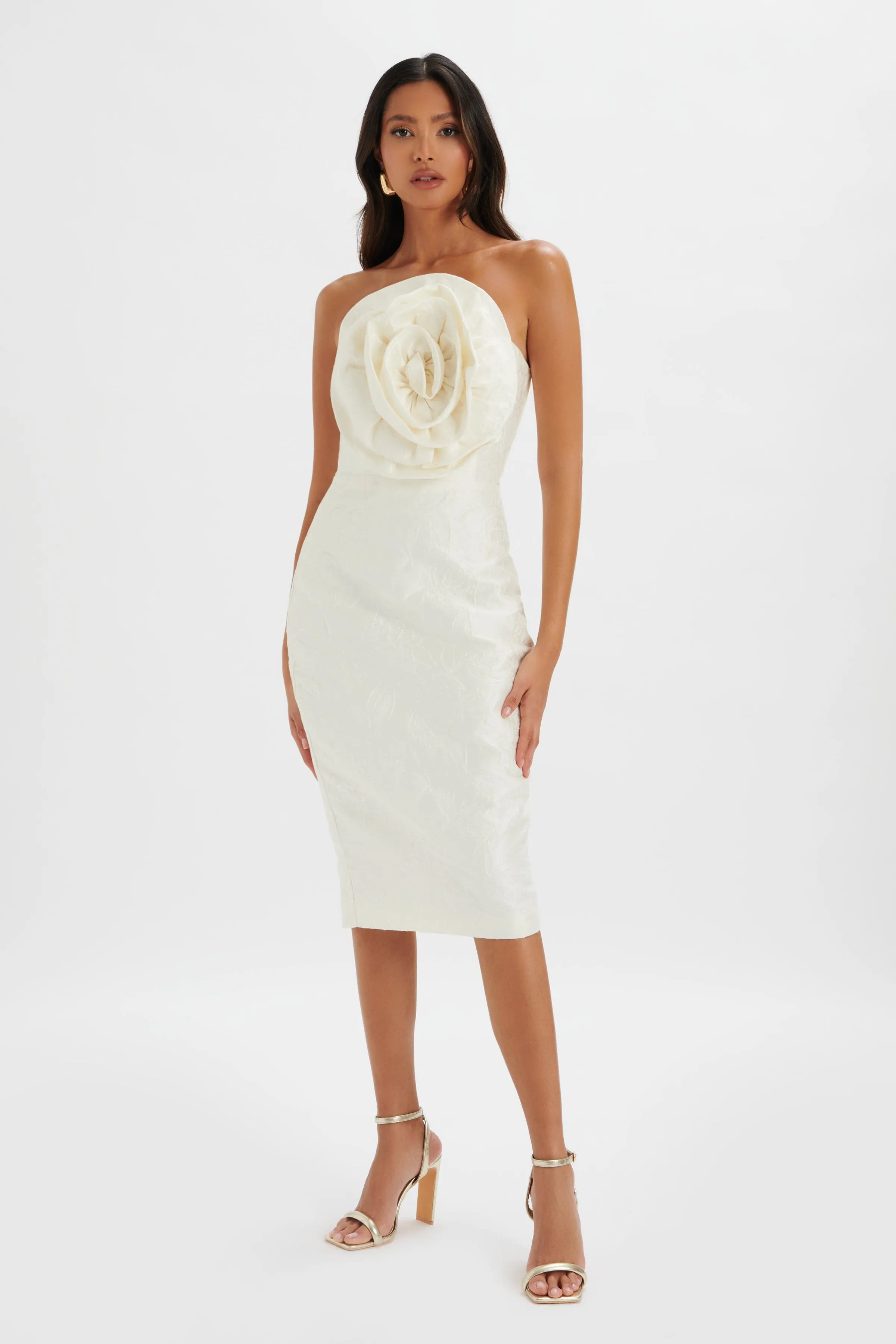 MONTANA 3D Flower Bandeau Midi Dress in White Jacquard sold by Lavish Alice product image thumbnail 2