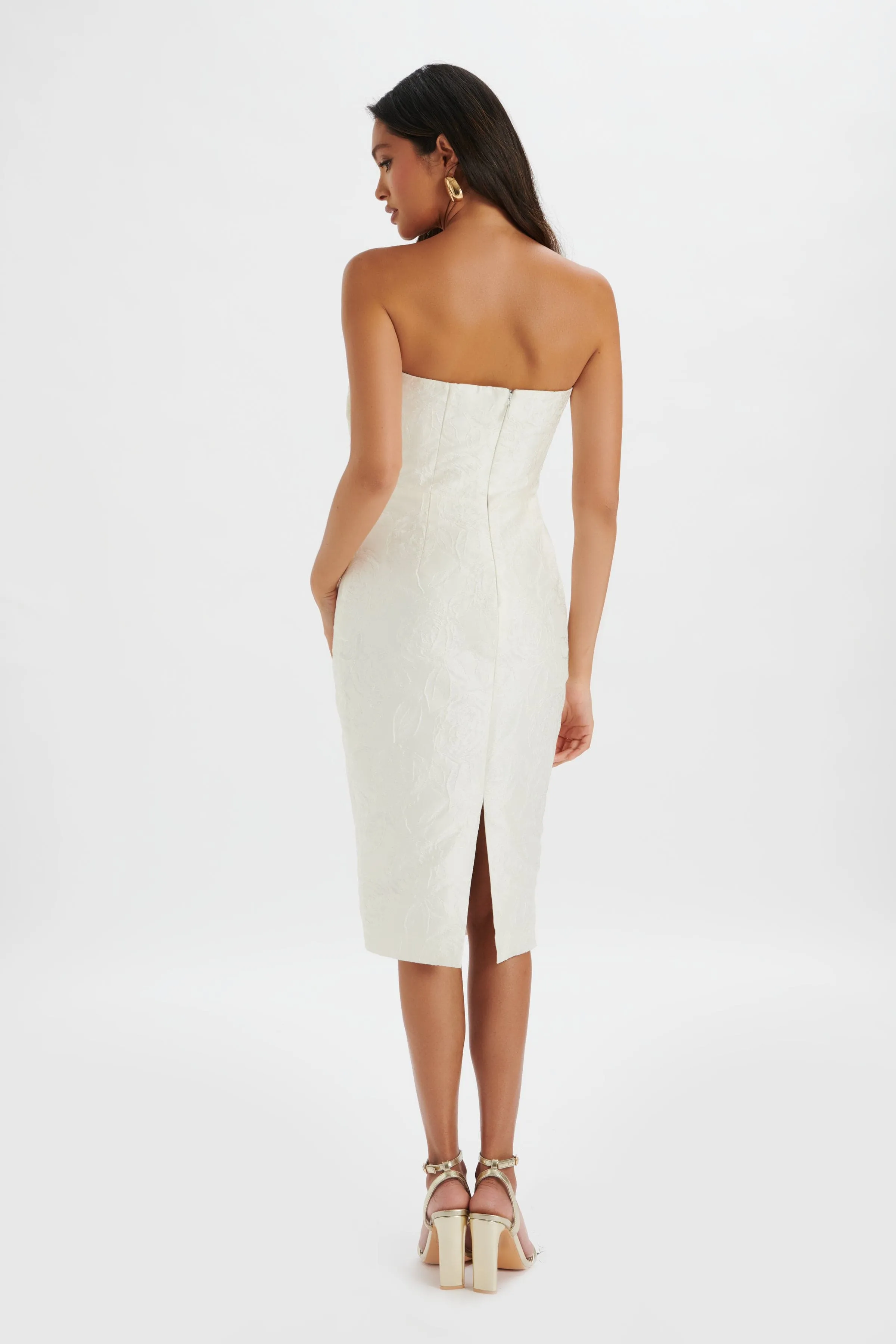 MONTANA 3D Flower Bandeau Midi Dress in White Jacquard sold by Lavish Alice product image thumbnail 4