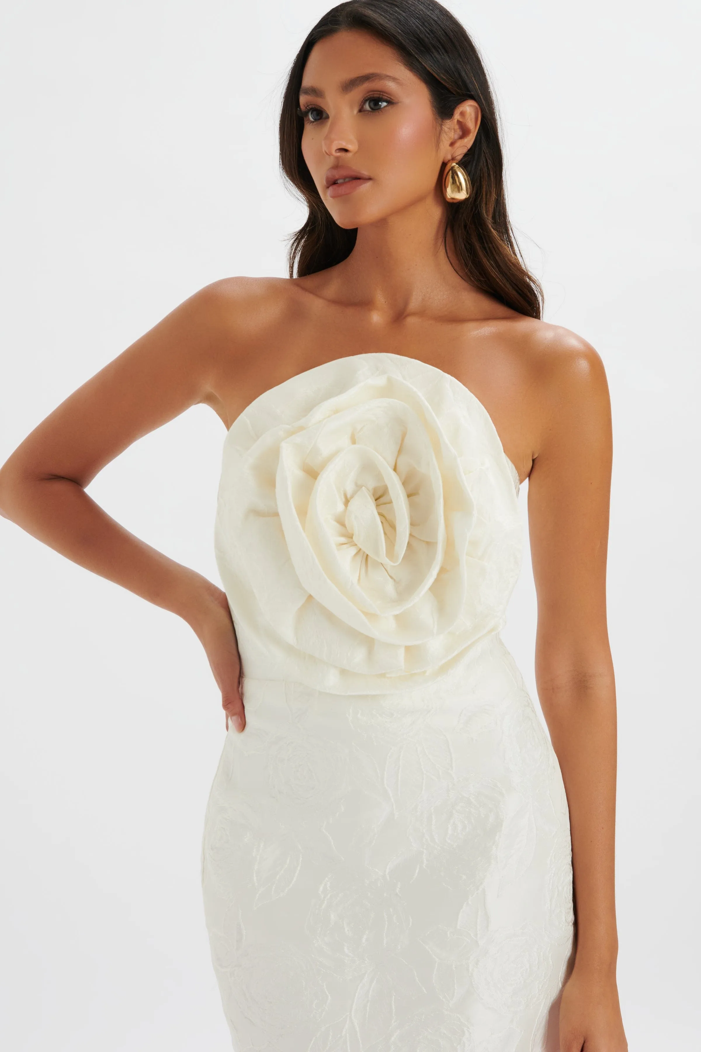 MONTANA 3D Flower Bandeau Midi Dress in White Jacquard sold by Lavish Alice product image thumbnail 3