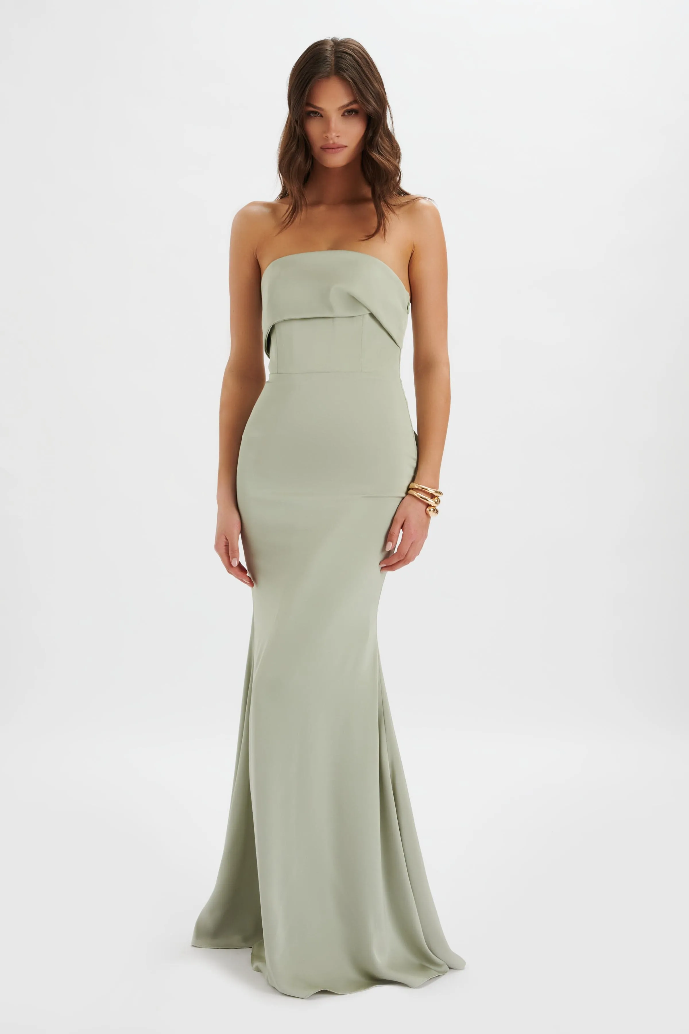JOVIE Bow Detail Bandeau Satin Maxi Dress in Sage Green sold by Lavish Alice
