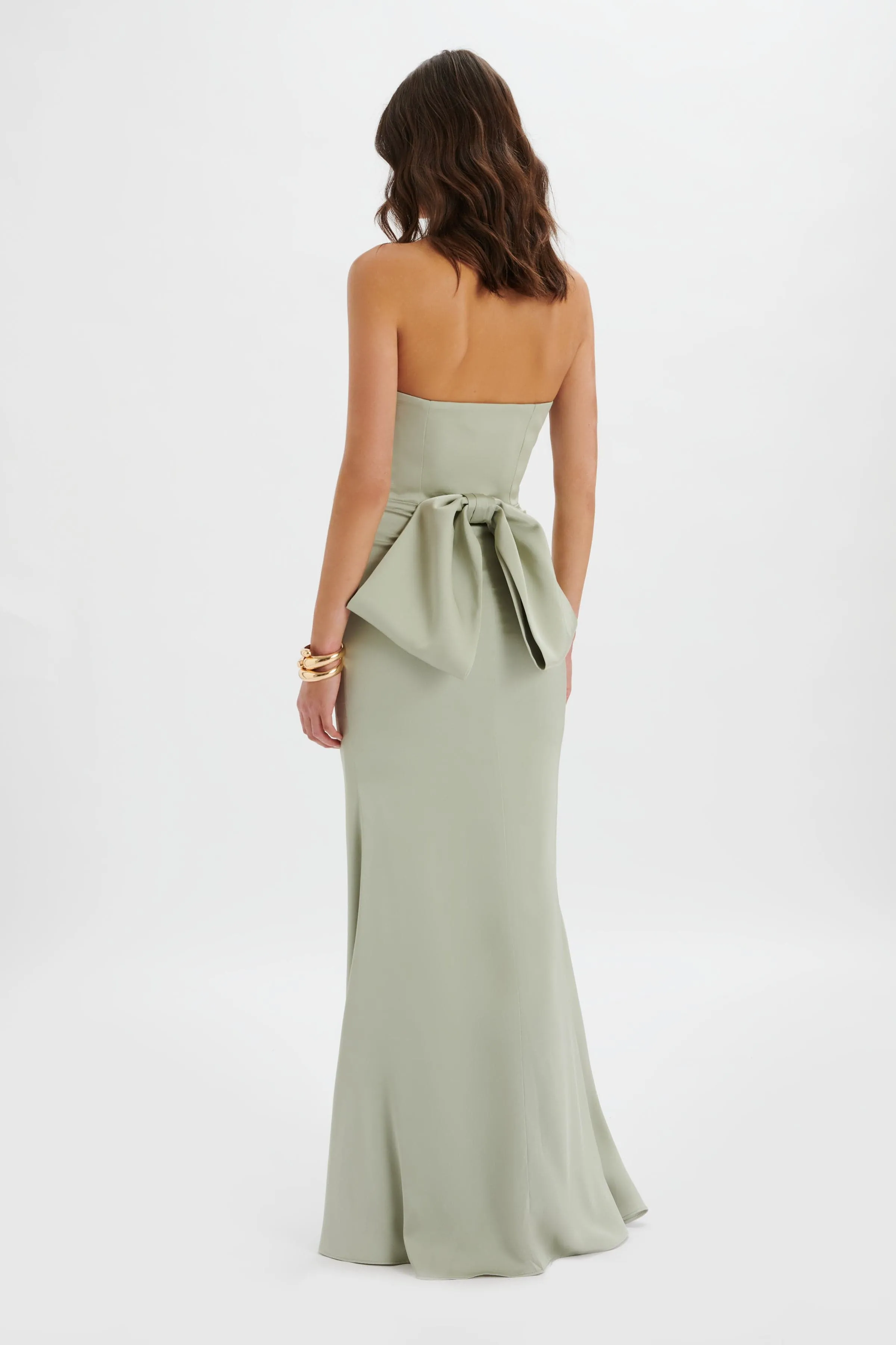 JOVIE Bow Detail Bandeau Satin Maxi Dress in Sage Green sold by Lavish Alice product image thumbnail 2