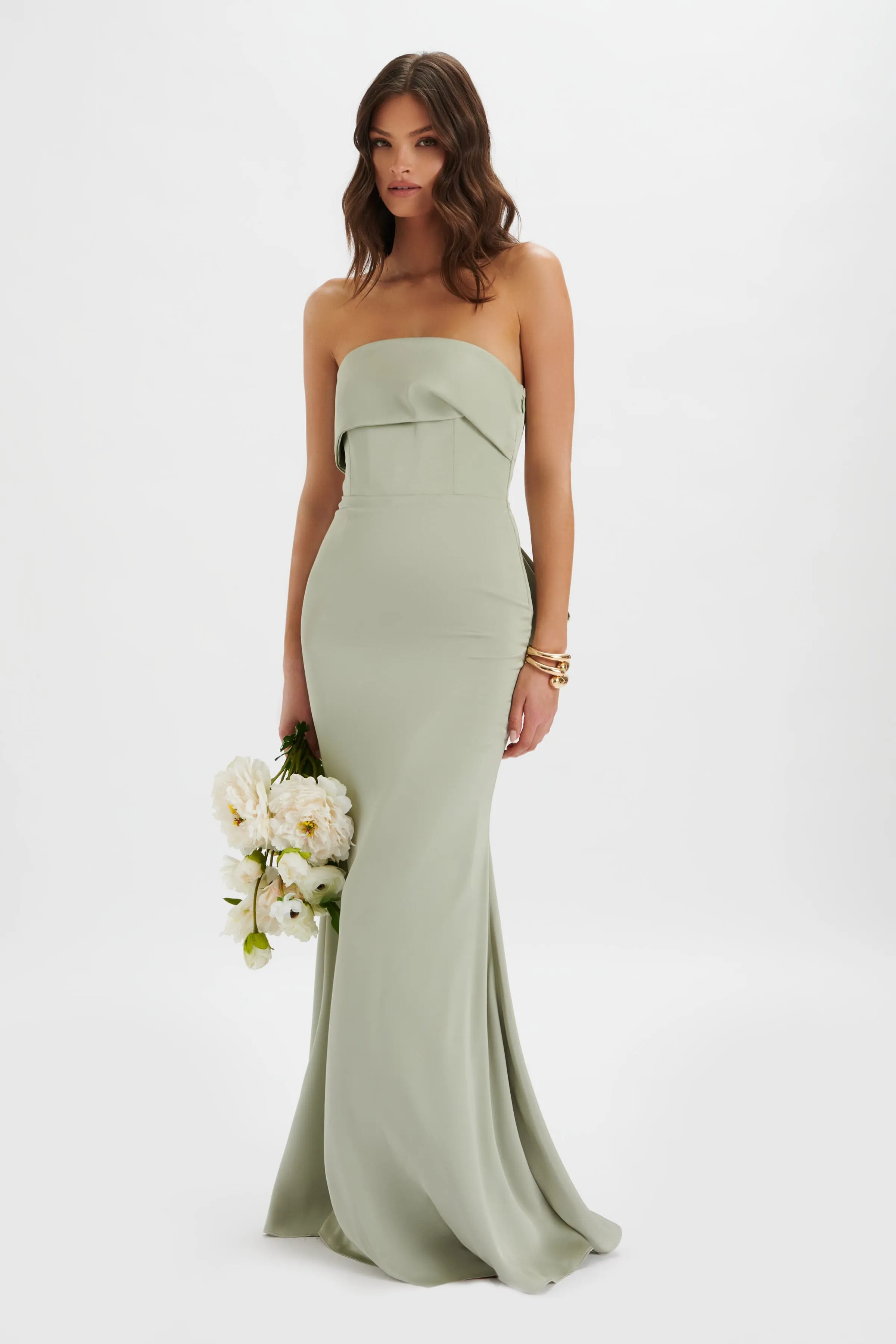 JOVIE Bow Detail Bandeau Satin Maxi Dress in Sage Green sold by Lavish Alice product image thumbnail 3