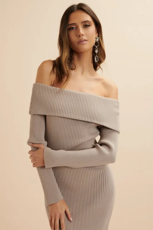 SUNDAY Knitted Rib Bardot Midi Dress In Beige sold by Lavish Alice