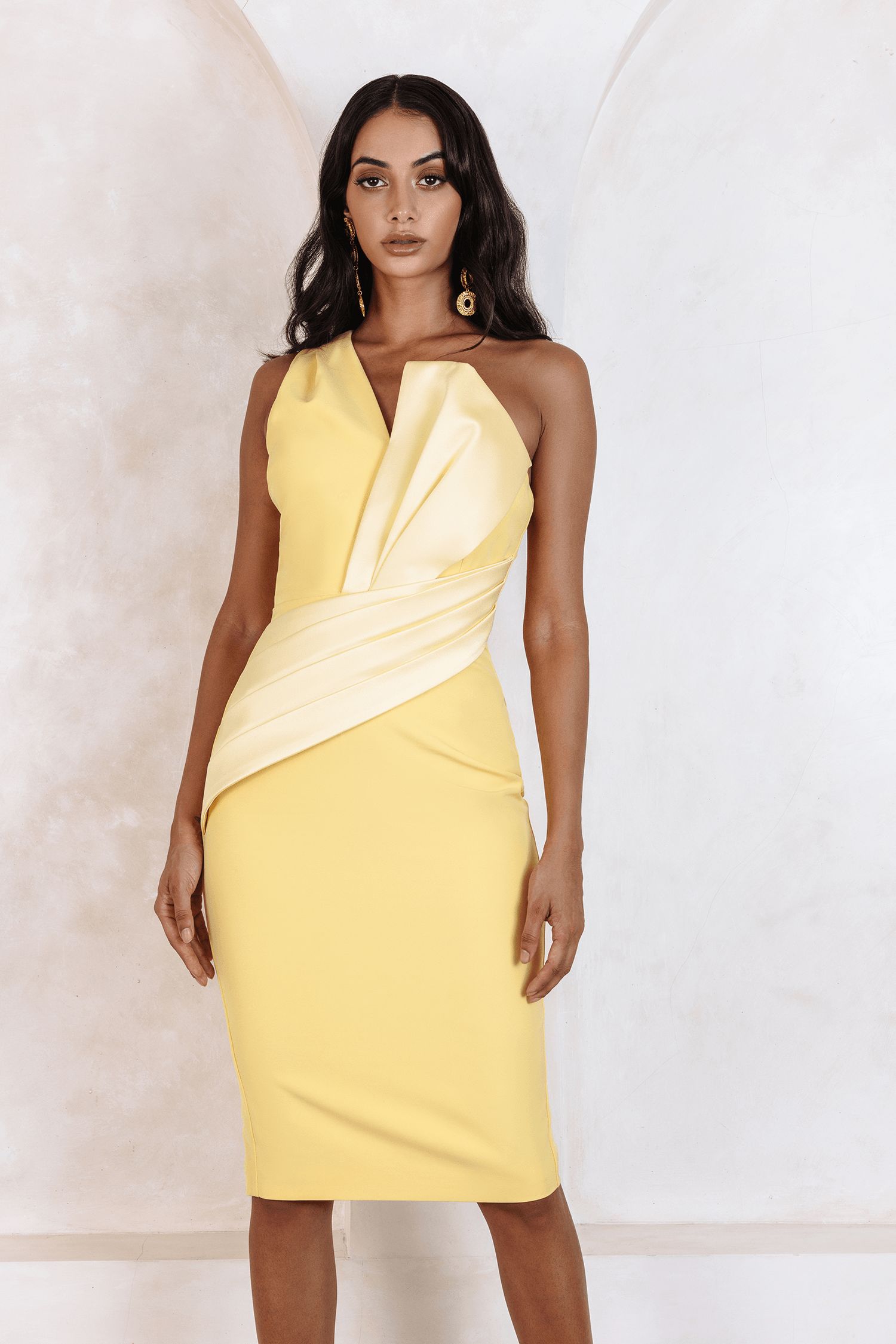 MAYA Satin Contrast Bow Drape Midi Dress In Yellow sold by Lavish Alice product image thumbnail 2