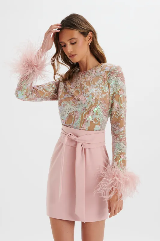 MEDINA Embellished Feather Cuff Mini Dress in Pink made by Lavish Alice