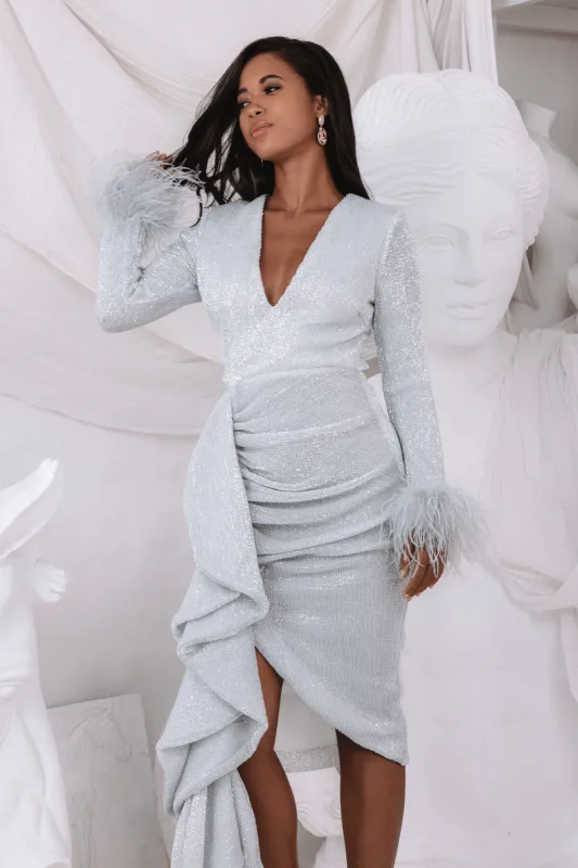 ATHENA Draped Skirt Pleated Sequin Midi Dress in Silver sold by Lavish Alice