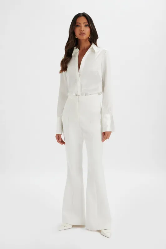EMELIE Fit & Flare Satin Trouser in White sold by Lavish Alice