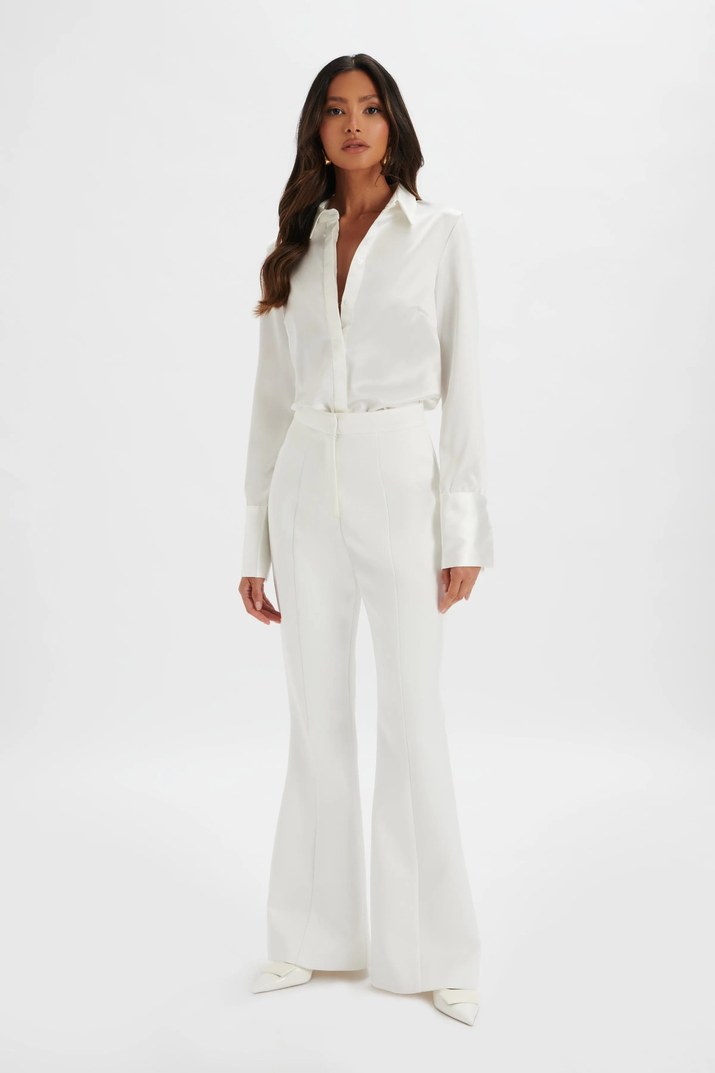 EMELIE Fit & Flare Satin Trouser in White sold by Lavish Alice