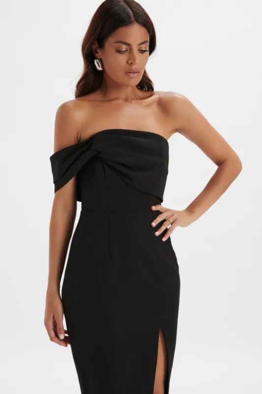BRIE Bardot Knot Twisted One Shoulder Midi Dress in Black made by Lavish Alice