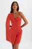 MARCY Crystal Embellished One Shoulder Cape Blazer Dress in Red sold by Lavish Alice