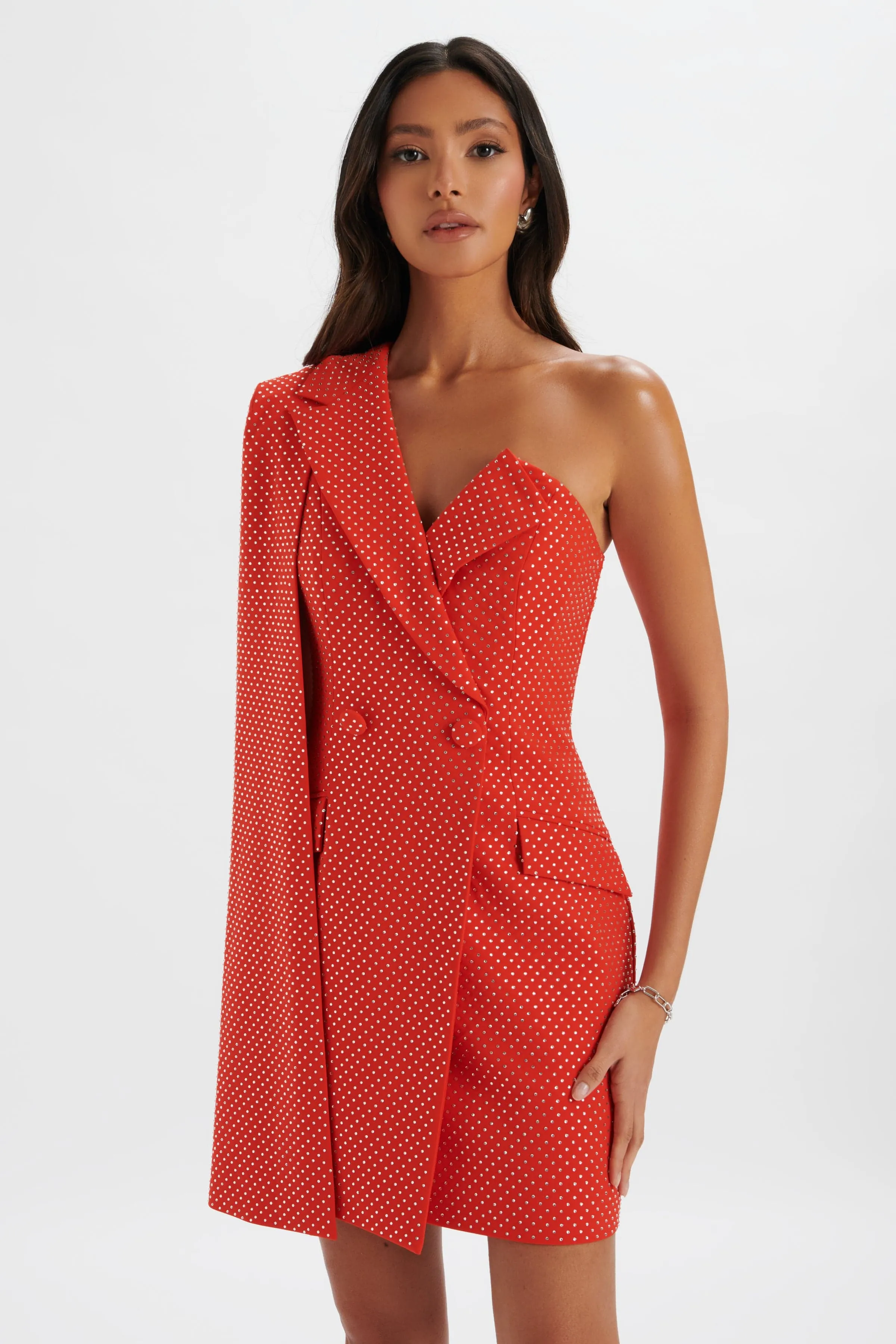MARCY Crystal Embellished One Shoulder Cape Blazer Dress in Red sold by Lavish Alice