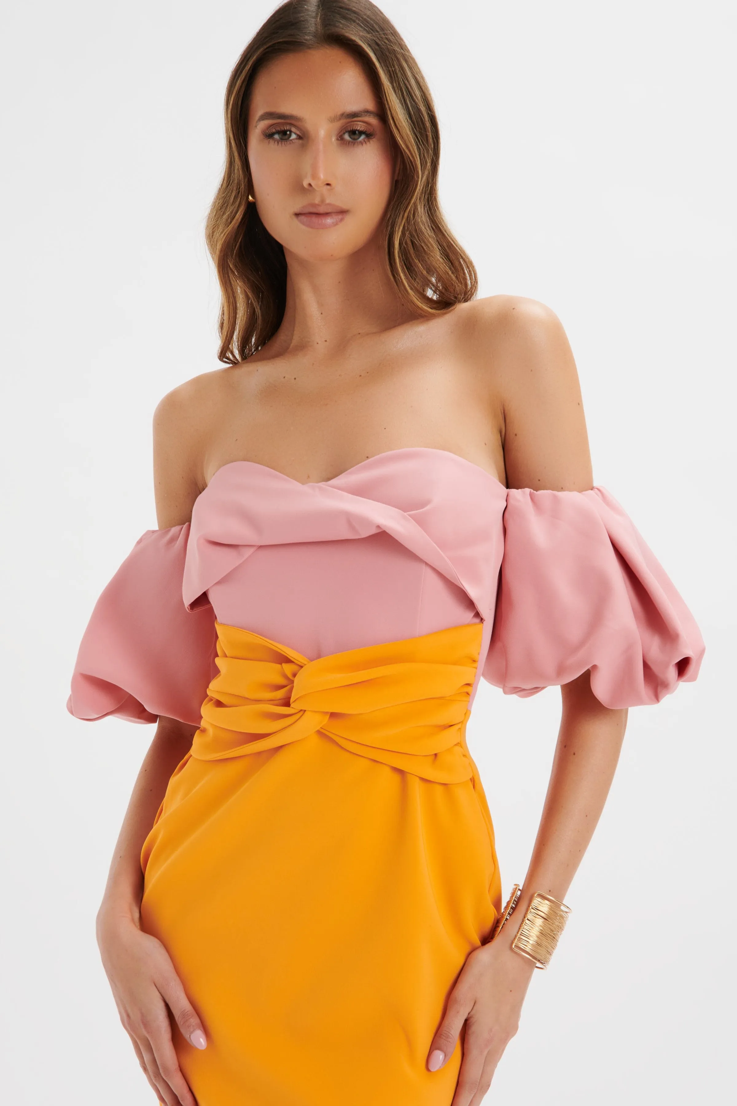 ELIZA Colour Block Twisted Midi Dress In Pink & Papaya sold by Lavish Alice product image thumbnail 3