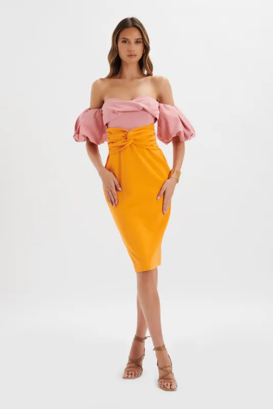 ELIZA Colour Block Twisted Midi Dress In Pink & Papaya sold by Lavish Alice