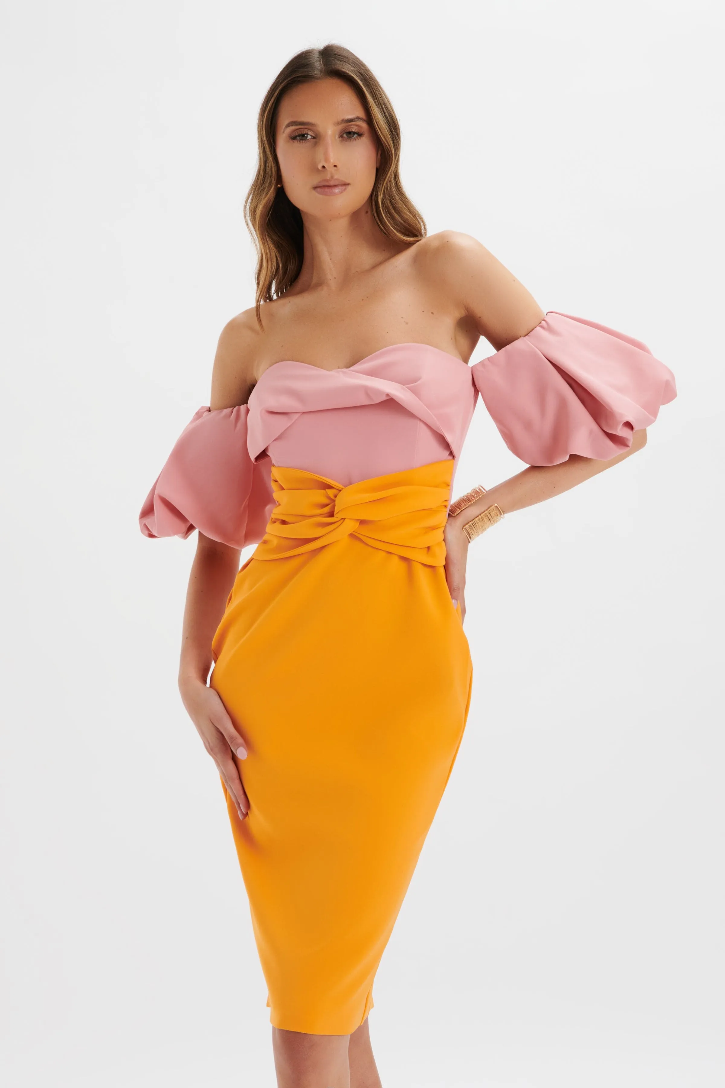 ELIZA Colour Block Twisted Midi Dress In Pink & Papaya sold by Lavish Alice product image thumbnail 2