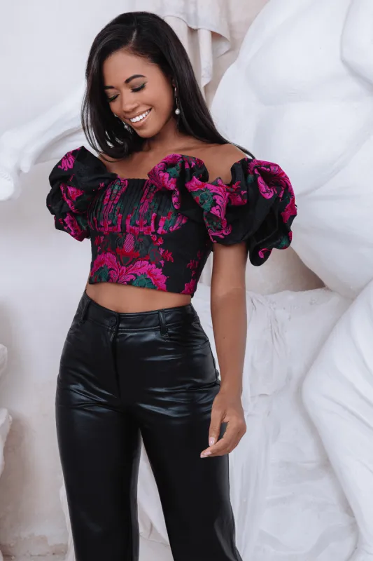 MARA Jacquard Puff Sleeve Corset Top in Black & Purple made by Lavish Alice