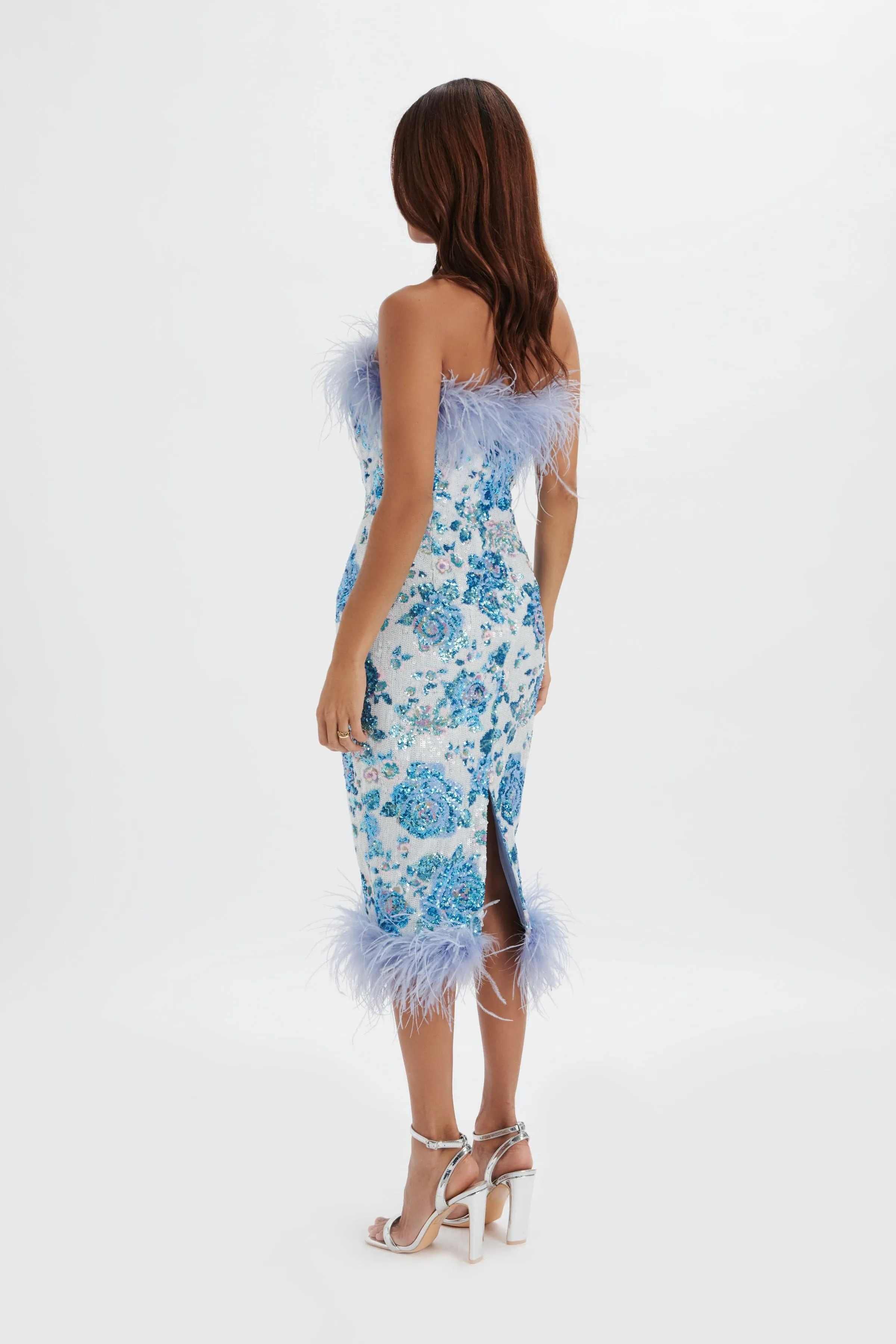 SAMI Feather Bandeau Midi Dress in White and Blue Rose Sequin sold by Lavish Alice product image thumbnail 4
