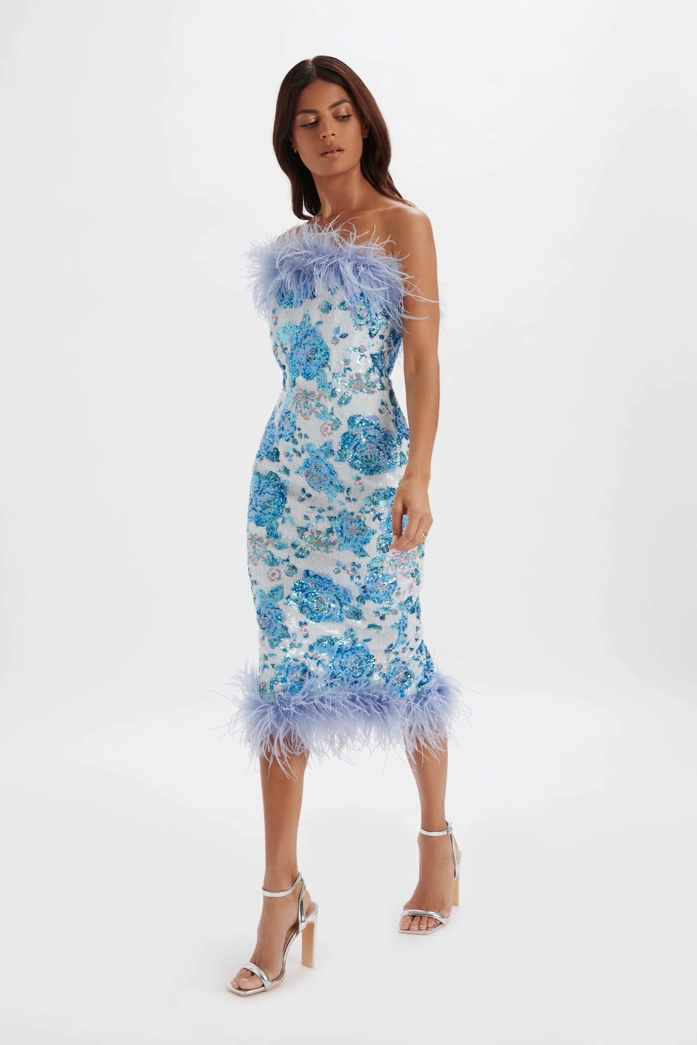 SAMI Feather Bandeau Midi Dress in White and Blue Rose Sequin sold by Lavish Alice