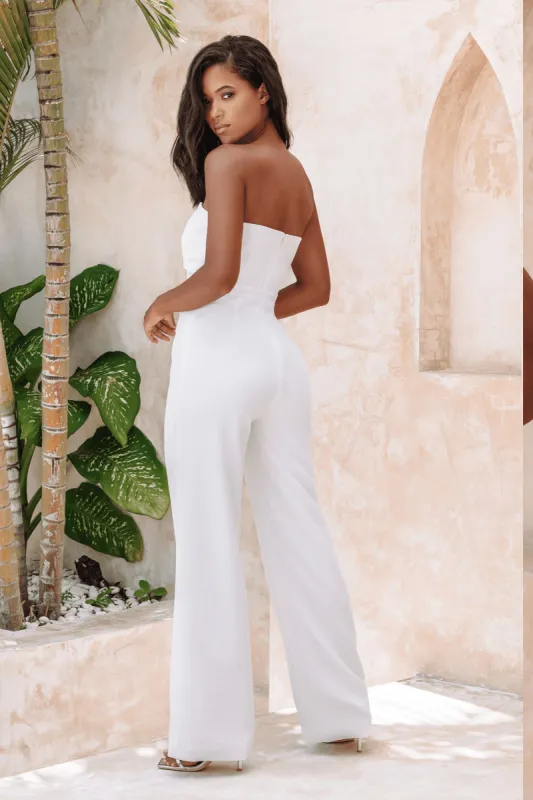 MALIA Bandeau Draped Panel Straight Leg Jumpsuit In White sold by Lavish Alice