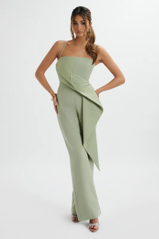 ADA Waterfall Frill Jumpsuit In Sage Green sold by Lavish Alice