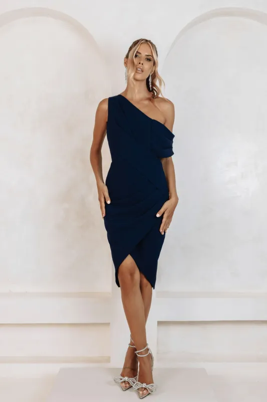 CELINE One Shoulder Pleat Detail Midi Dress In Navy sold by Lavish Alice