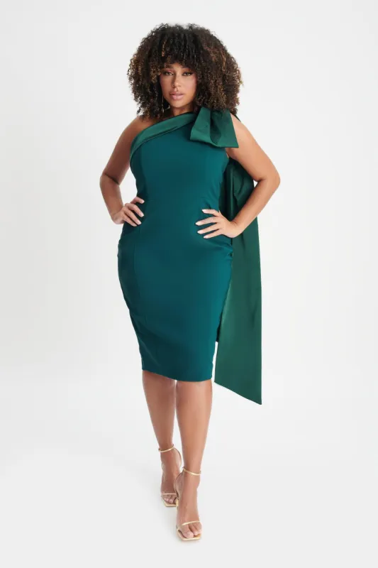 GEMMA Curve One Shoulder Bow Detail Midi Dress In Emerald Green sold by Lavish Alice