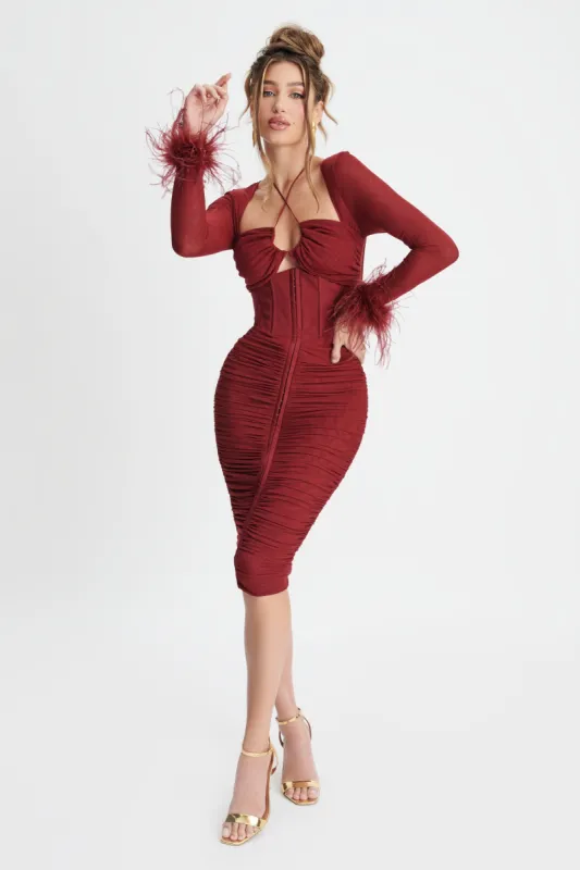 CATALINA Gathered Mesh Midi Dress With Feather Cuffs In Burgundy sold by Lavish Alice