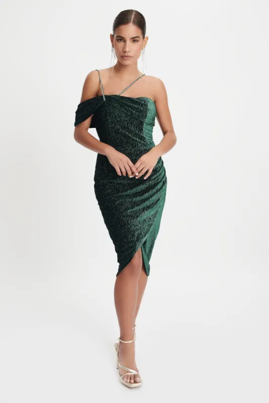 LEILA Diamante Strap Velvet Midi Dress In Emerald Green made by Lavish Alice