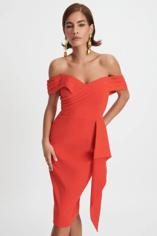 RYLEE Pleated Bardot Midi Dress In Coral Red made by Lavish Alice