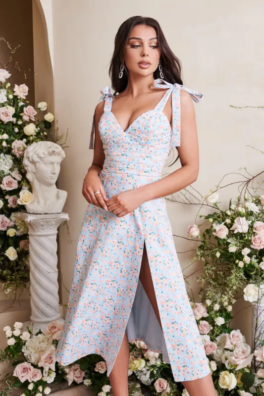 ARIA Pleated Tie Strap Midi Dress In Blue Floral sold by Lavish Alice
