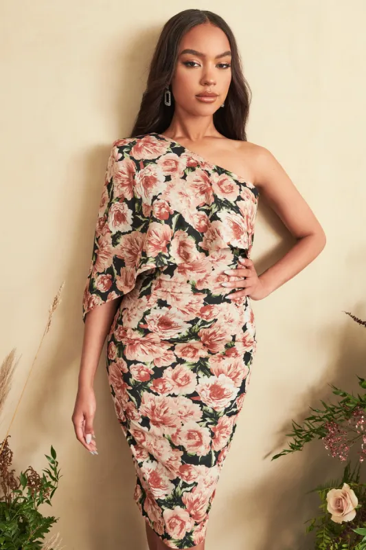 TEAGAN One Shoulder Cape Midi Dress in Dark Floral sold by Lavish Alice