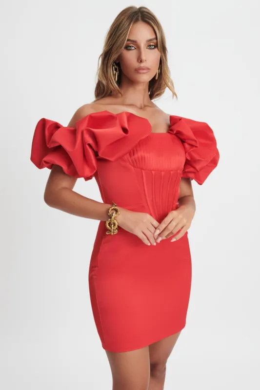SCARLET Satin Pleated Corset Puff Sleeve Mini Dress In Red made by Lavish Alice