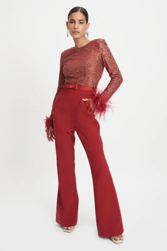 ISABEL Beaded And Sequin Tailored Jumpsuit In Burgundy made by Lavish Alice
