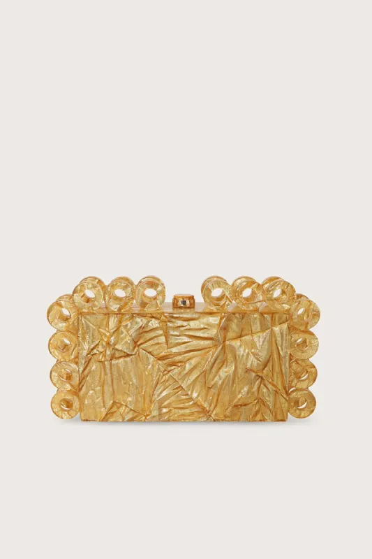 CELESTE Circular Detail Box Clutch Bag in Gold sold by Lavish Alice