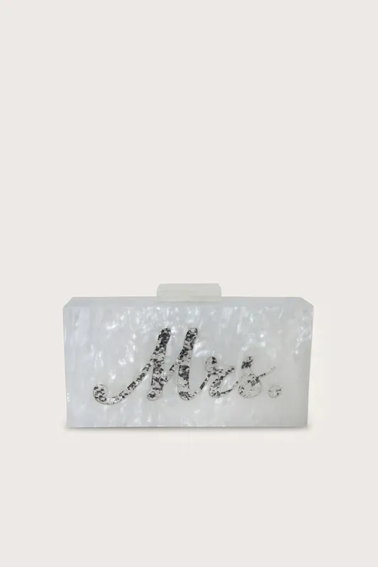 LUCY Mrs Pearlised Box Clutch Bag in White sold by Lavish Alice