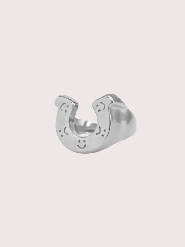 LO x Good Daze Happy Sad Lucky Horseshoe Ring Silver sold by Lazy Oaf