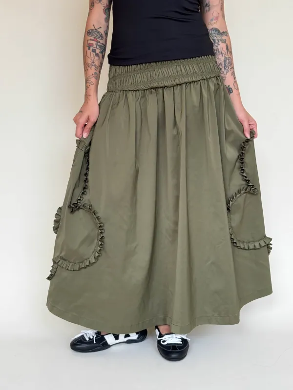 Khaki Flower Shirred Skirt made by Lazy Oaf