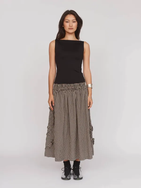 Gingham Flower Shirred Skirt sold by Lazy Oaf