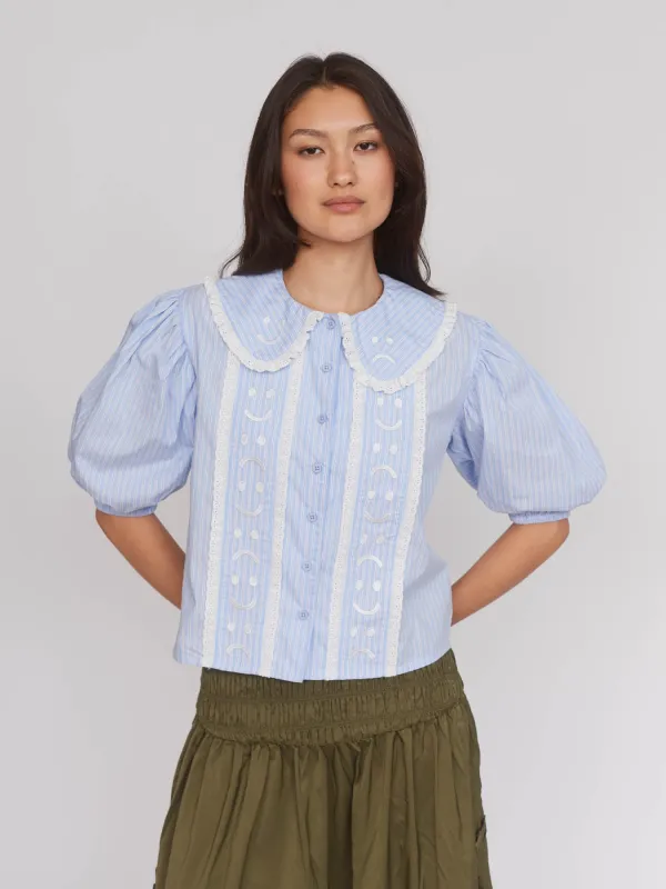 Stripe Happy Sad Embroidery Shirt sold by Lazy Oaf