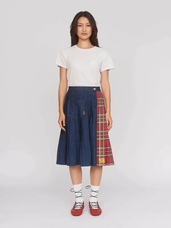 Mash Up Denim Pleated Skirt sold by Lazy Oaf