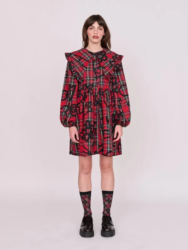 Tartan Scribble Ruffle Collar Dress sold by Lazy Oaf