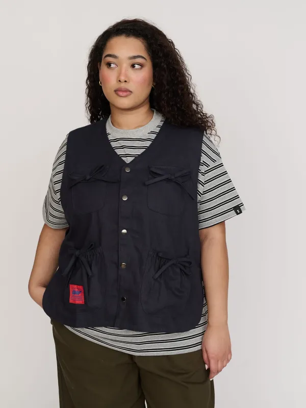 Bow Pocket Navy Gilet made by Lazy Oaf