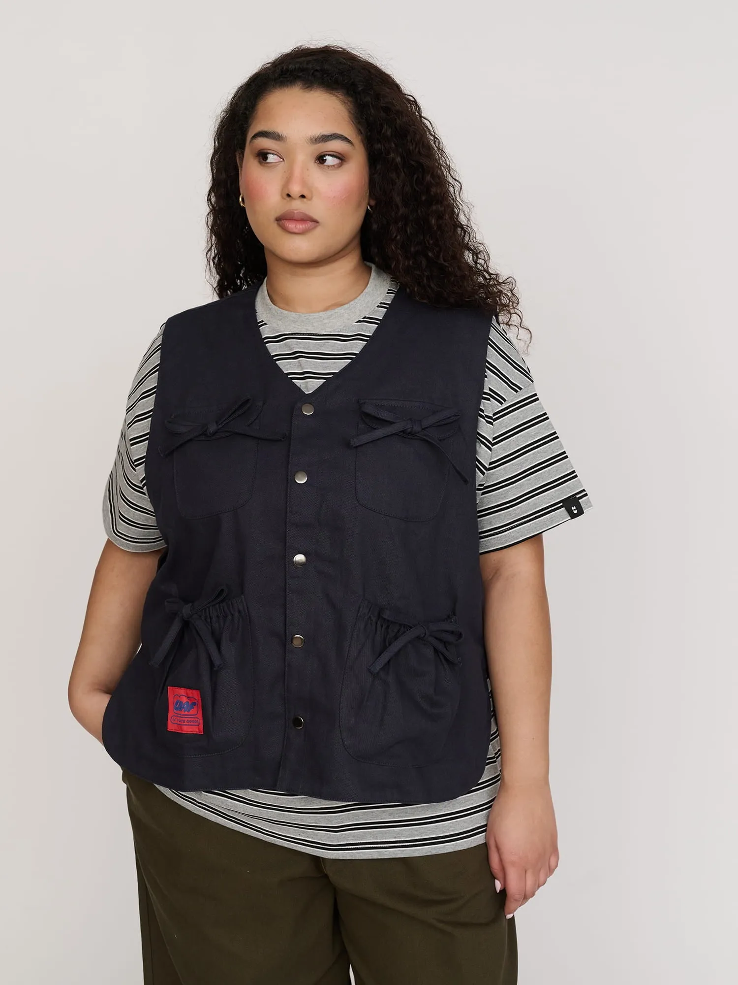 Bow Pocket Navy Gilet sold by Lazy Oaf