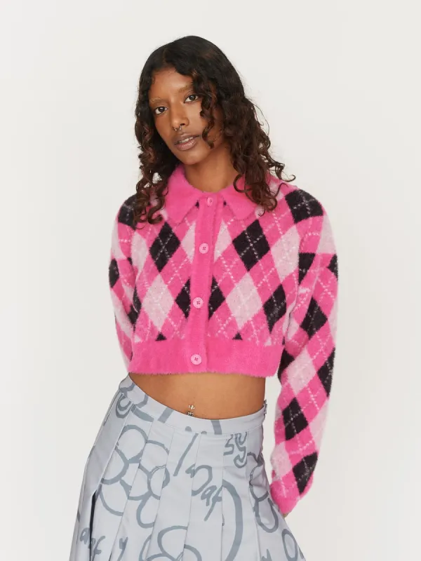 Fuzzy Pink Argyle Cardigan sold by Lazy Oaf