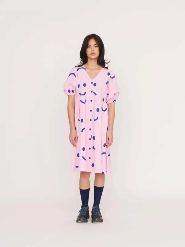 Happy Sad Pink & Navy Puff Sleeve Midi Dress sold by Lazy Oaf