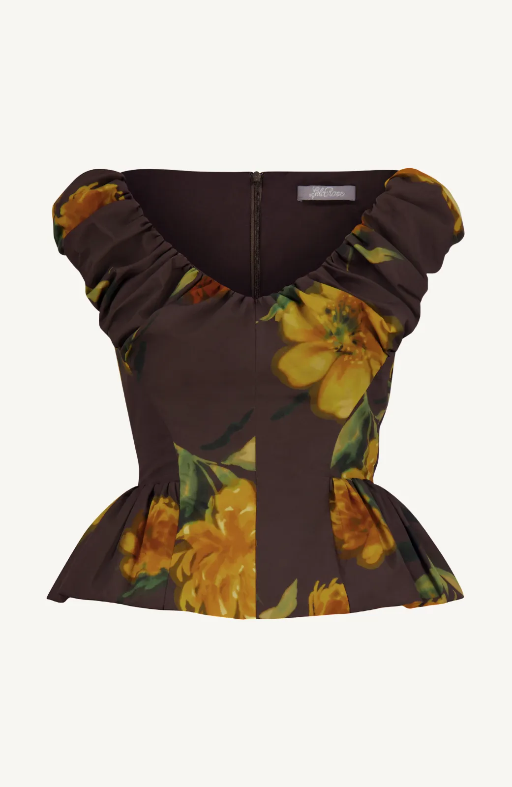 Floral Printed Cotton Shirred V Neck Peplum Top sold by Lela Rose