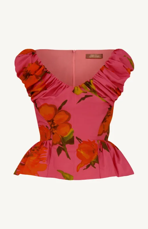 Floral Printed Cotton Shirred V Neck Peplum Top sold by Lela Rose