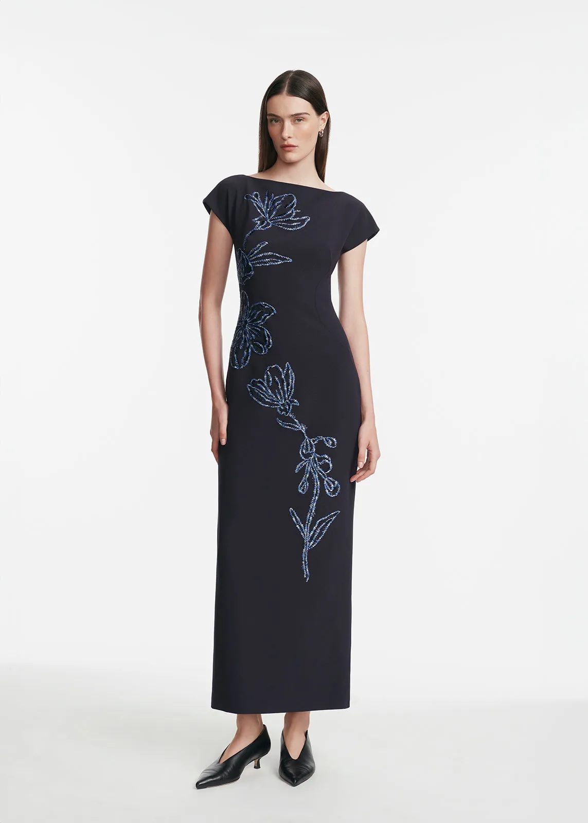 Ikat Floral Embroidered Fluid Crepe Dress sold by Lela Rose