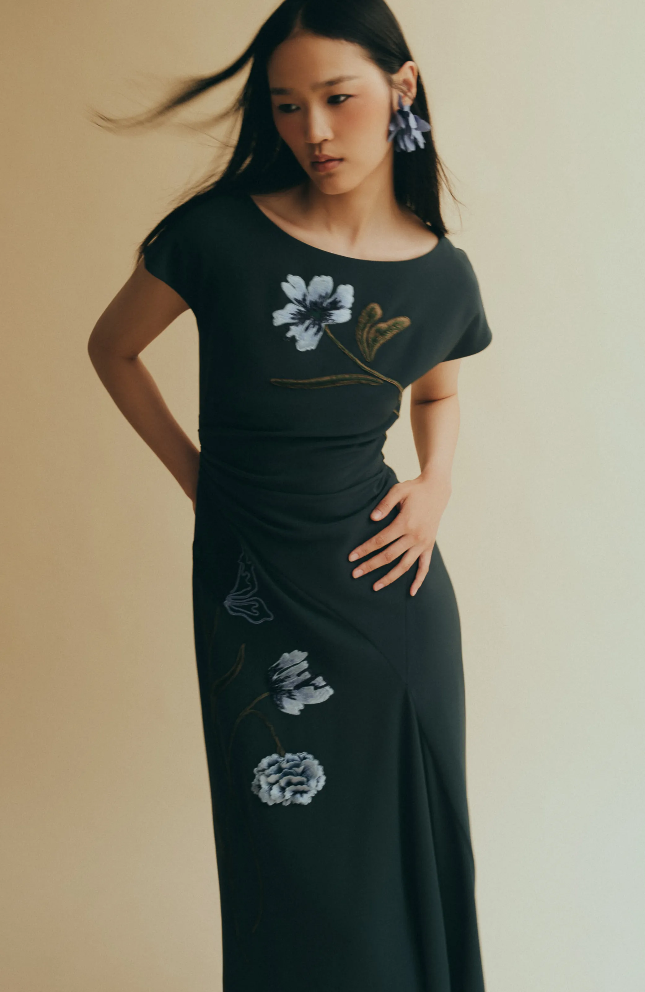 Floral Cord Embroidered Fluid Crepe Cascade Dress sold by Lela Rose product image thumbnail 2