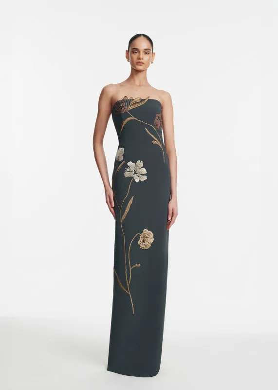 Floral Cord Embroidered Fluid Crepe Strapless Gown sold by Lela Rose